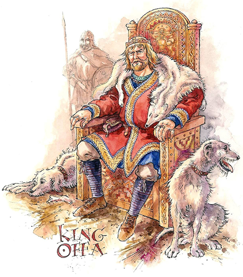 artist illustration of King Offa sitting on a throne
