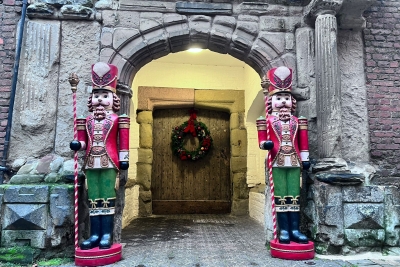 Tamworth Castle entrance with two giant nutcrackers either side