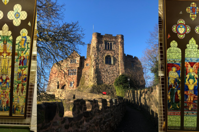 Front of Tamworth Castle with two pictures of stained glass either side